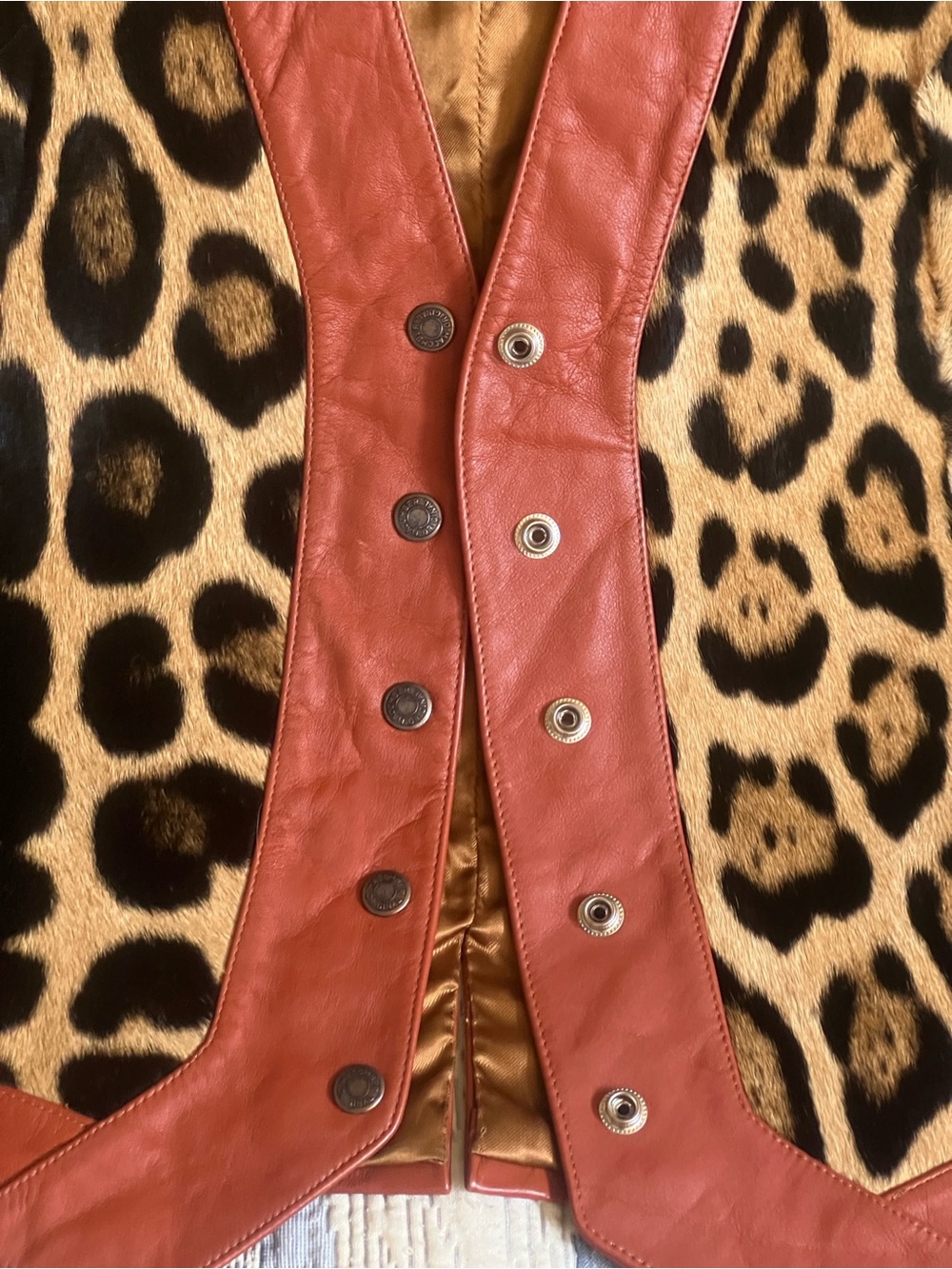 Leather-Trim Leopard Print Fur Vest - Brown/Black/Burnt Orange - Picture 2 of 9